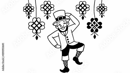 Man in top hat dancing joyfully surrounded by festive decorations from a front viewpoint