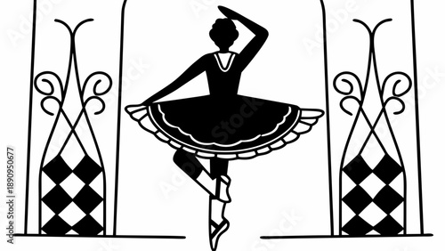 A ballerina dancing gracefully between checkered columns in a classic illustration style