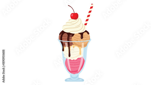 Delicious ice cream sundae with various scoops, topped with whipped cream, chocolate drizzle, a cherry, and a fun striped straw, a vibrant dessert