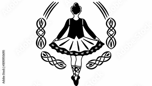 A traditional Scottish dancer performing a lively Highland fling dance surrounded by intricate Celtic knotwork designs
