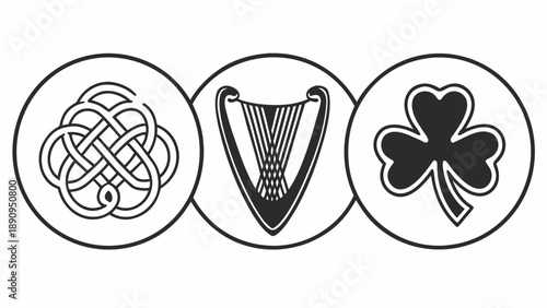 Celtic symbols illustration featuring knotwork, harp, and shamrock in circular frames, representing Irish heritage and culture in a simple black line art style
