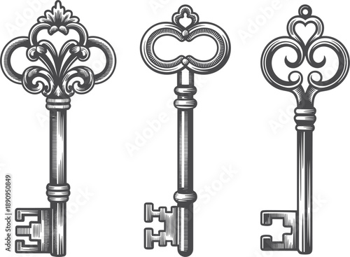 Set of vintage skeleton keys, ornate antique metal key illustrations, isolated decorative black vector element