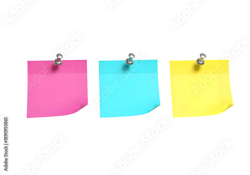 Three Colorful Sticky Notes with Pushpins Isolated on White or Transparent Background
