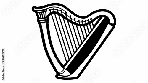 An illustration of a harp viewed from the front, showcasing its intricate details and strings, in a simple yet elegant style.