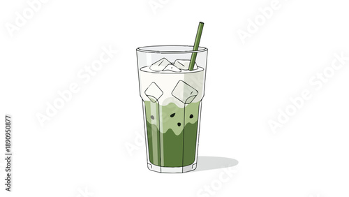 An artistic illustration of a delightful layered iced matcha latte, showcasing vibrant green tea with milky foam and ice, perfect for a refreshing