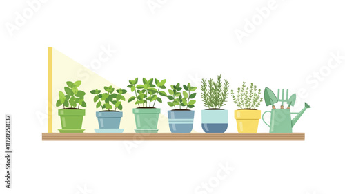A vibrant arrangement of freshly potted aromatic culinary herbs thriving on a sunlit wooden shelf, showcasing the joy of indoor gardening and