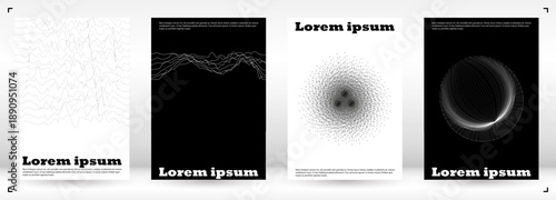 Set of Minimal Vector Poster Design with Circles and Wave Lines. Minimalistic Background with Motion Lines. Good for Business Template or Nightlife Placard. Swiss Style.