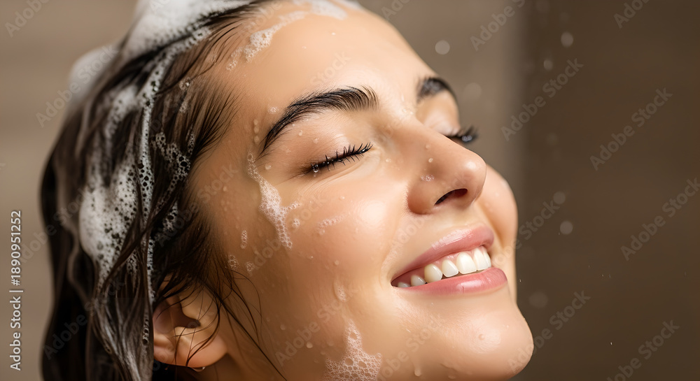 Naklejka premium Close up of beautiful young woman washing her hair with shampoo foam in the shower