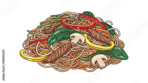 An exquisite vibrant illustration showcasing a delectable serving of stir-fried noodles harmoniously combined with tender meat strips, crisp bell