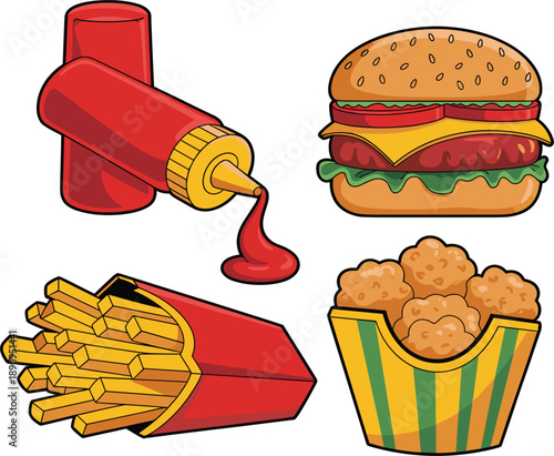 Fast food collection with delicious beef burger, crispy french fries, chicken nuggets, and tomato ketchup bottle