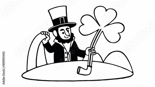 Illustration of a man wearing a top hat and holding a shamrock and golf club