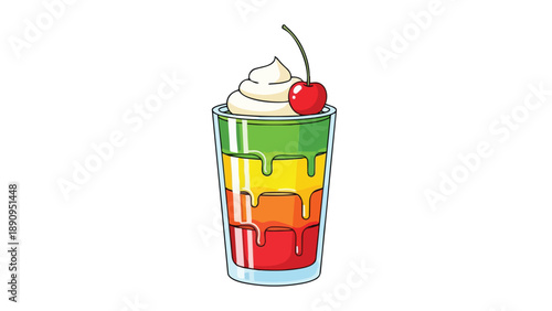 A vibrant, multi-layered dessert illustration crowned with whipped cream and a single red cherry