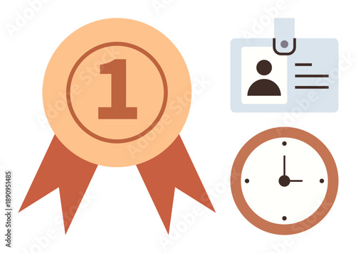 Achievement, time management, identification, employee recognition, schedule, workplace efficiency. Number 1 badge, ID card and clock. Achievement and time management idea