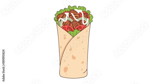 Savory wrap illustration brimming with grilled meat, crisp veggies, and creamy sauce a perfect depiction of delicious street food for a satisfying