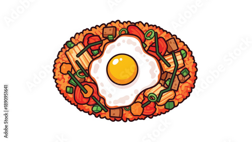 Vibrant cartoon fried rice with a sunny-side-up egg, fresh vegetables, and savory ingredients.