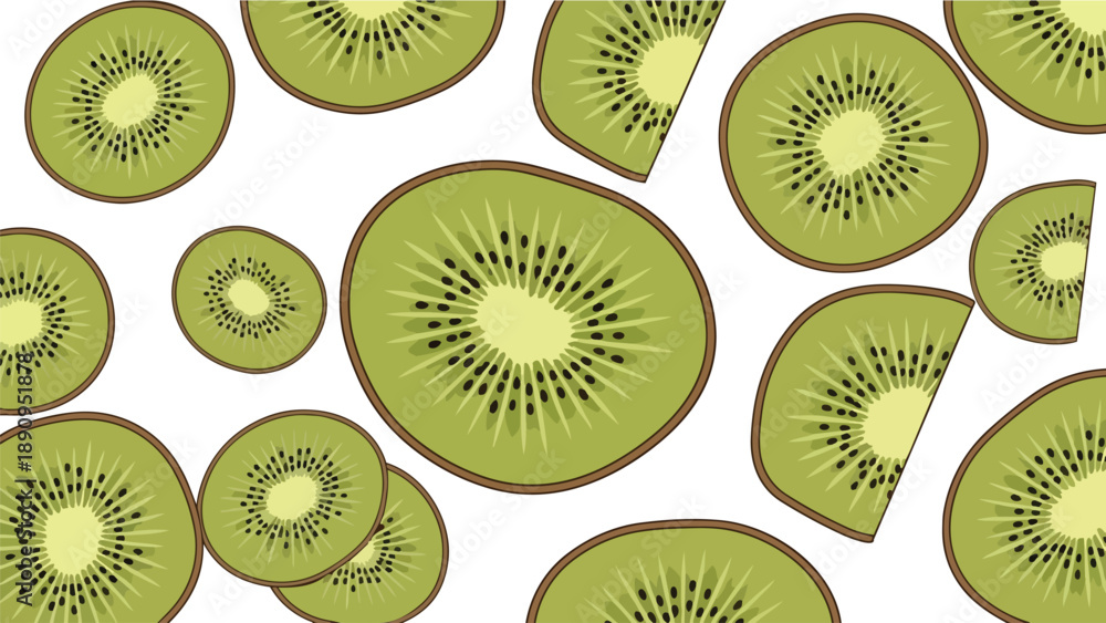 Fototapeta premium Vibrant green kiwi fruit slices and halves scattered across a pristine white background, forming a refreshing, natural, and healthy food pattern