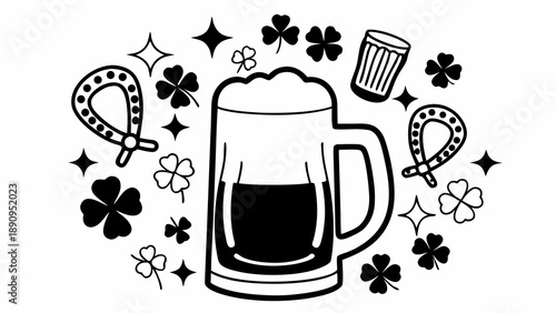 A black and white illustration of a beer mug surrounded by lucky charms and shamrocks, viewed from the front.
