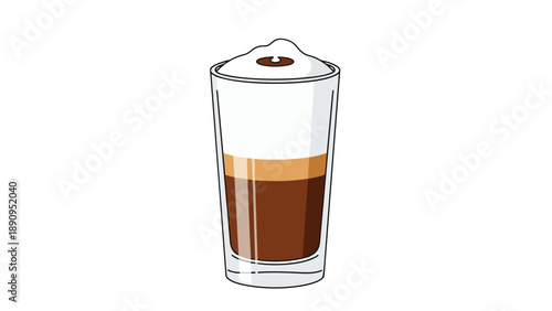 A modern illustration of a delicious layered coffee drink, showcasing dark espresso, creamy milk, and frothy foam in a clear glass, perfect for cafe