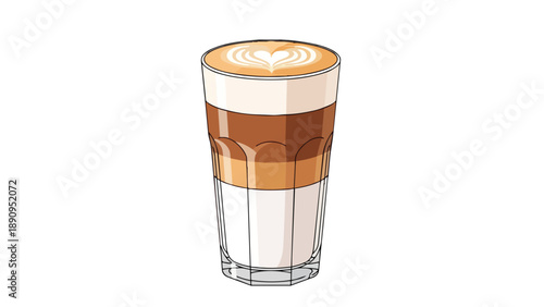 A beautifully layered latte illustration featuring heart foam art in a tall glass, perfect for coffee shop visuals