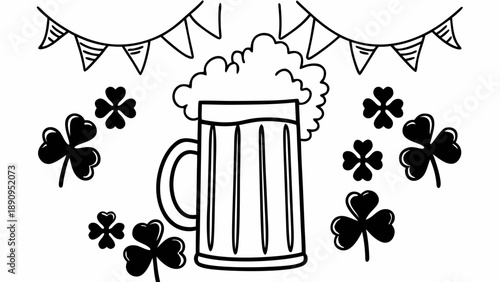 A festive beer mug with shamrocks and bunting in a celebratory St. Patrick's Day atmosphere