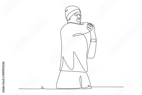 Man stretching in winter. Outdoor winter workouts one-line drawing