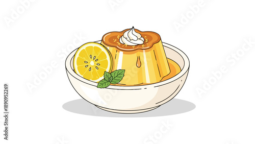 Luscious golden creamy dessert with delicate caramel drizzle fluffy whipped topping zesty lemon slice fresh green mint garnish served in a bright