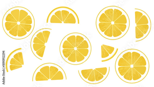 Vibrant yellow citrus slices pattern with fresh lemon wedges and halves