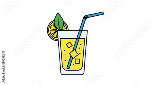 A minimalist vector illustration of a refreshing lemonade in a glass with ice, straw, lemon, and leaf