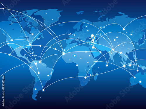 Abstract world map with glowing connections representing global networks and communication
