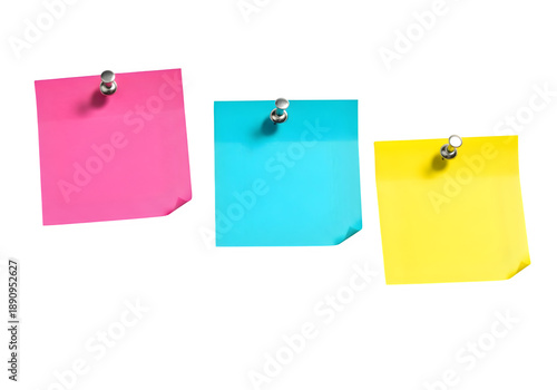 Three Colorful Sticky Notes with Pushpins Isolated on White or Transparent Background