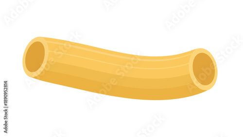 A single golden tubular pasta element isolated against a pristine white backdrop, showcasing its classic curved form, ideal for culinary design