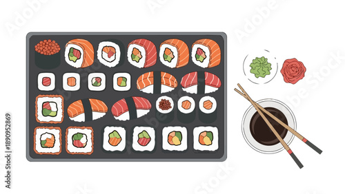 An elegant flat lay illustration of diverse traditional Japanese sushi and sashimi with condiments