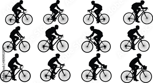 Cyclist Silhouette Collection, Professional Road Bike Rider Poses, Mountain Bicycle Athlete Vector Graphics, Commuter Cycling Action Sport Figure Illustration Set