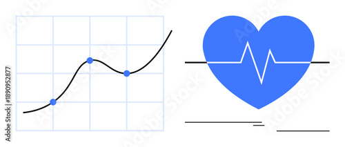 Growth trend line on a graph with data points beside a heart with an EKG line. Ideal for health monitoring, fitness, analytics, progress tracking, wellness, performance, simple flat metaphor