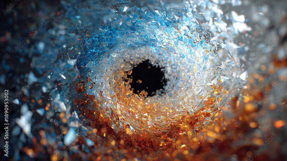 Fototapeta premium An artistic macro shot of a swirling vortex created from ice fragments. The center of the vortex is a dark hole, and the colors are a mix of blue, orange, and clear tones