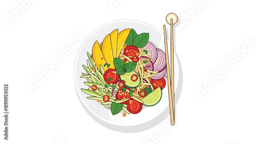 Fresh vibrant Asian-inspired salad featuring tropical fruits and crisp vegetables, an ideal healthy meal.