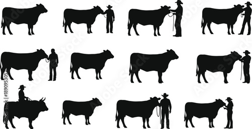 Cowboy and Cattle Silhouette Collection, Rancher with Cow Vector Illustrations, Farming Livestock Poses, Western Country Lifestyle Graphic Design Bundle Set