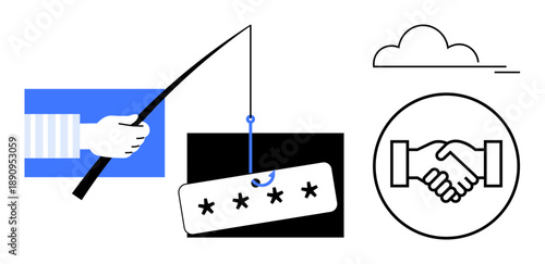 Phishing protection. Phishing symbols illustrate risks in digital security, secure password handling and safe online connections. Essential for cybersecurity, data protection, secure communications