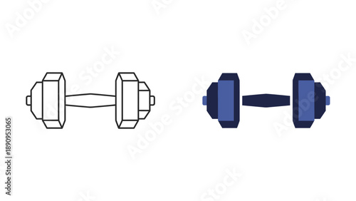 Collection of dumbbell icons showing both outline line art style and solid filled vector graphic representation of fitness equipment