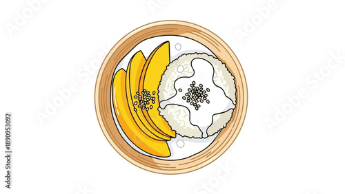 Delightful illustration of a classic Thai dessert, sweet mango sticky rice with coconut cream and sesame seeds.