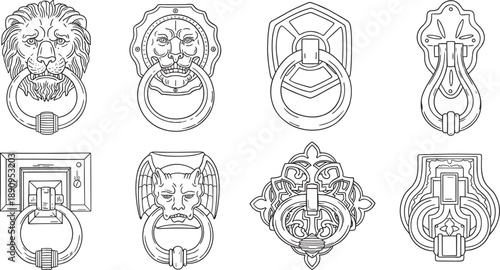 Ornate lion and mythical creature door knockers in detailed line editable scalable