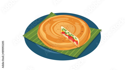 A vibrantly illustrated, golden flatbread, expertly presented on a blue plate atop a verdant leaf, revealing a delightful, savory filling inside its