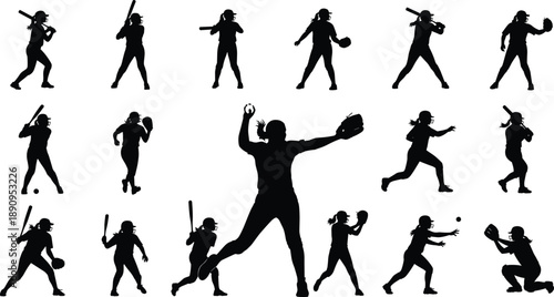 Female Softball Player Silhouette Collection, Baseball Athlete Poses, Pitching Batting Catching Vector Graphics, Sports Action Girl Team Silhouette Bundle