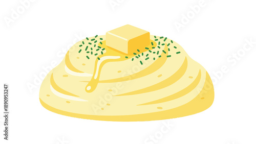 A vibrant vector illustration of fluffy, creamy golden mashed potatoes, lavishly topped with a melting pat of rich butter and fresh green chives.