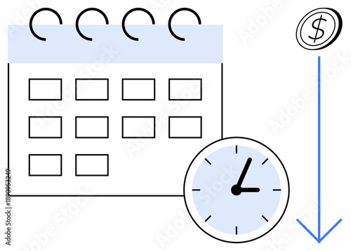 Time management, cost reduction, financial planning, scheduling, productivity, and savings. A calendar, clock and a downward arrow with a dollar sign. Time management and cost reduction ideas