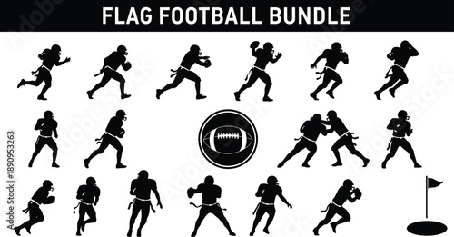 Flag football silhouettes bundle including quarterback throwing, players running, catching, defending, game icons, and athletic sports action graphics for team design.
