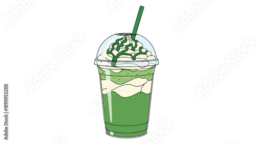 Vibrant green layered chilled beverage illustration featuring creamy whipped topping and a refreshing emerald straw perfect for a cool summer day