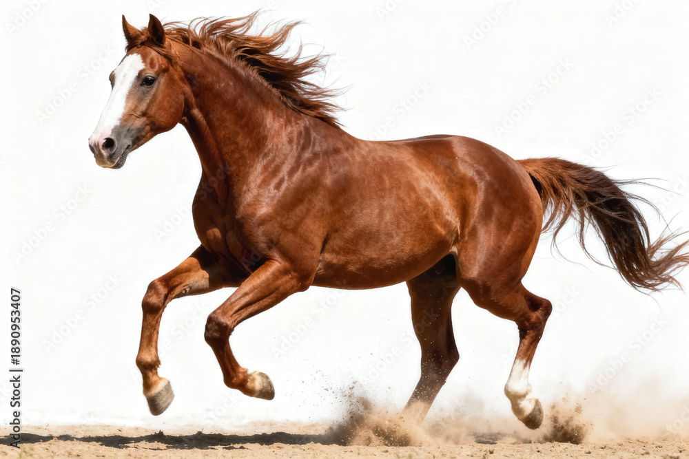 Obraz premium Chestnut Horse Galloping on Sandy Ground