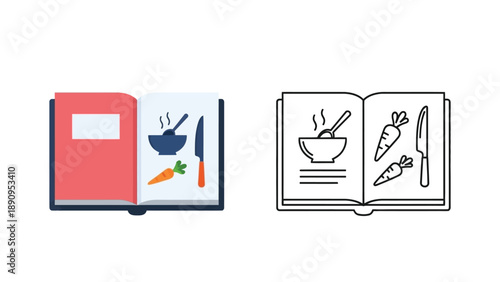 Collection of flat and outline style icons depicting an open cookbook featuring cooking instructions for hot food preparation with carrots and a sharp knife