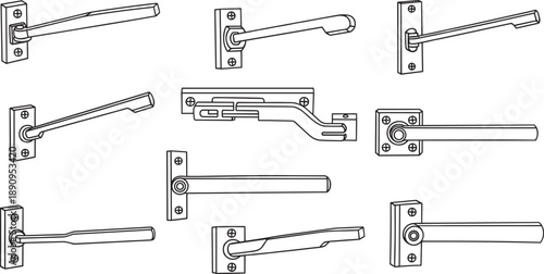 Various Types of Door Hinges and Latches in Black and White Line hardware line editable